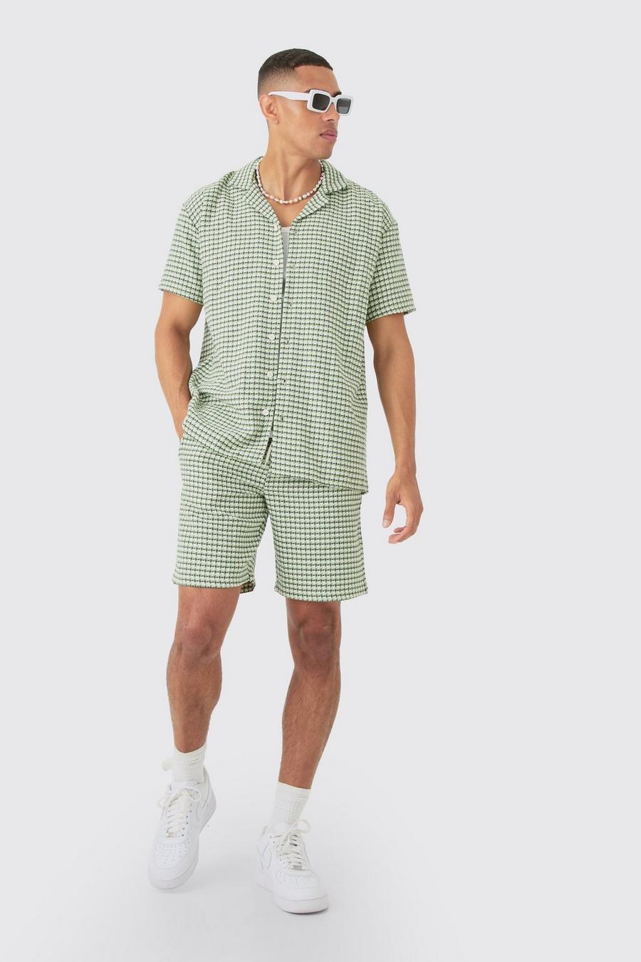 Green Short Sleeve Mini Houndstooth Oversized Shirt & Short Set image number 1