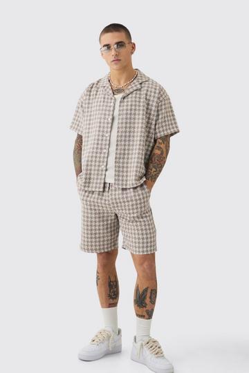 Short Sleeve Boxy Linen Look Houndstooth Shirt & Short stone