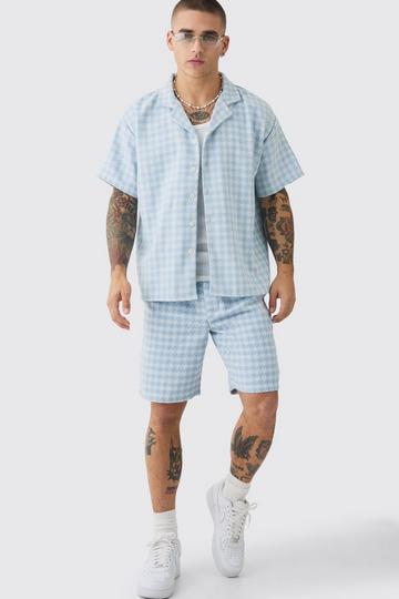 Short Sleeve Boxy Linen Look Houndstooth Shirt & Short blue