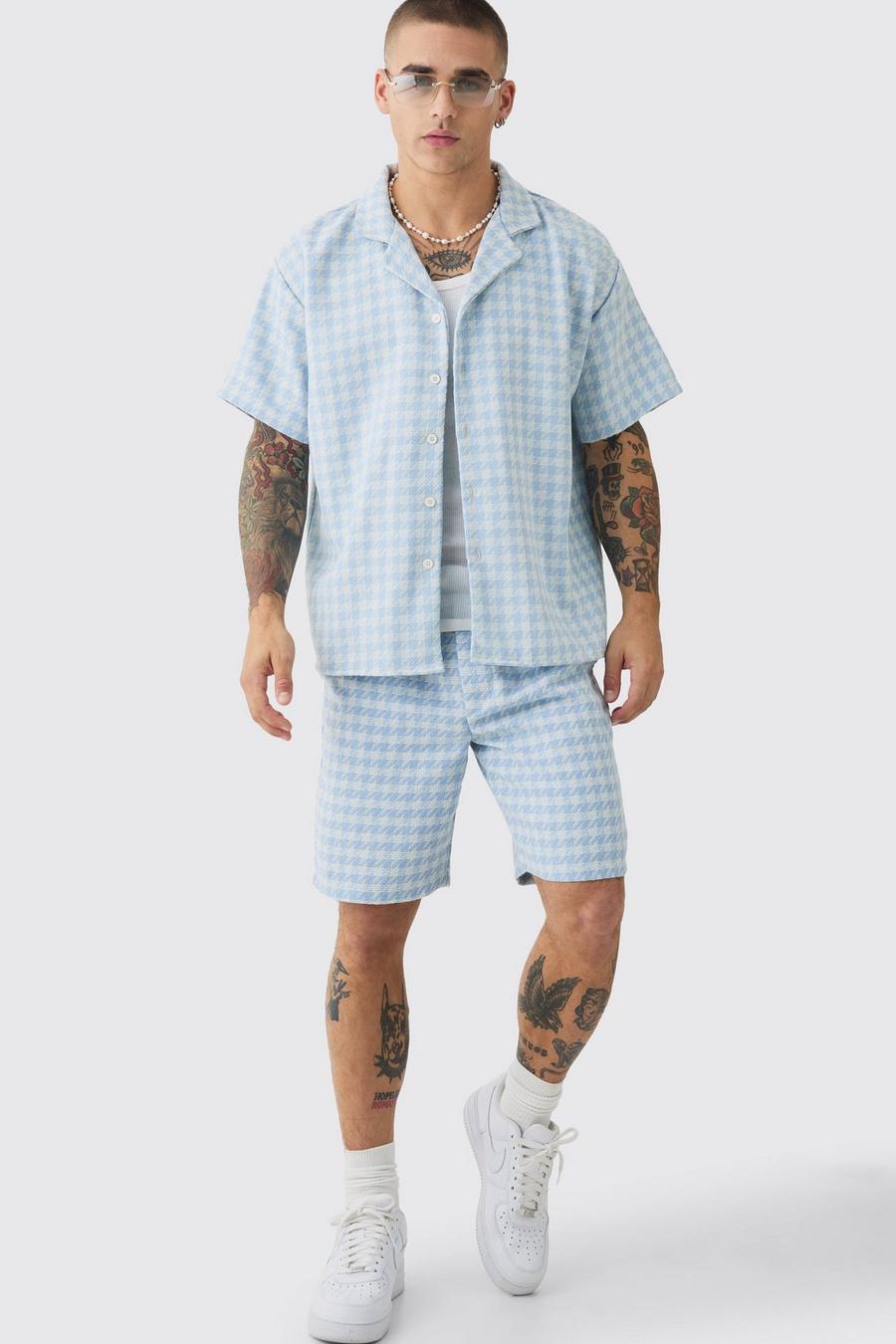 Blue Short Sleeve Boxy Linen Look Houndstooth Shirt & Short  image number 1