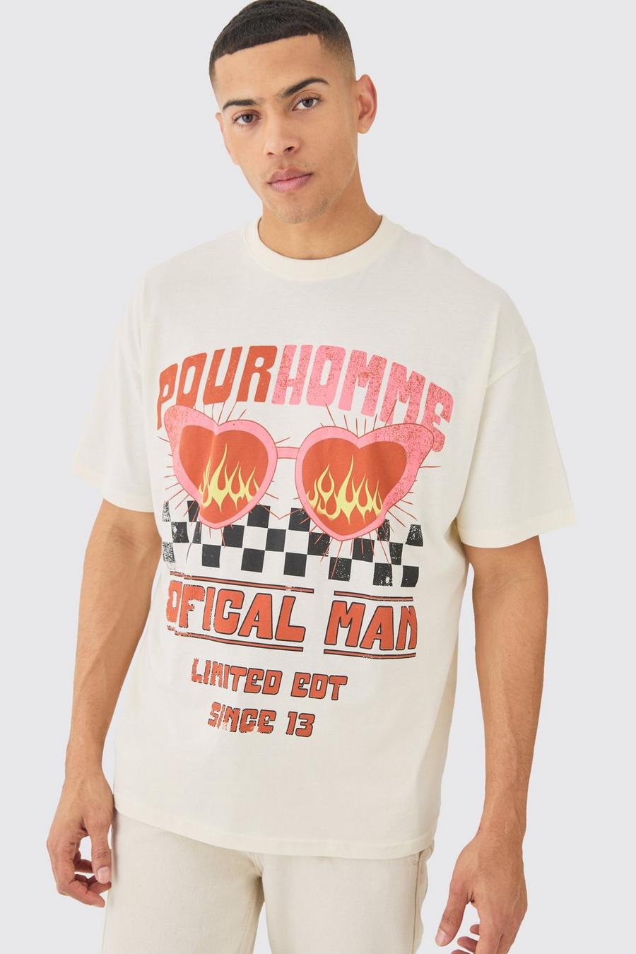Camiseta oversize con estampado de corazón y motociclismo, Ecru image number 1