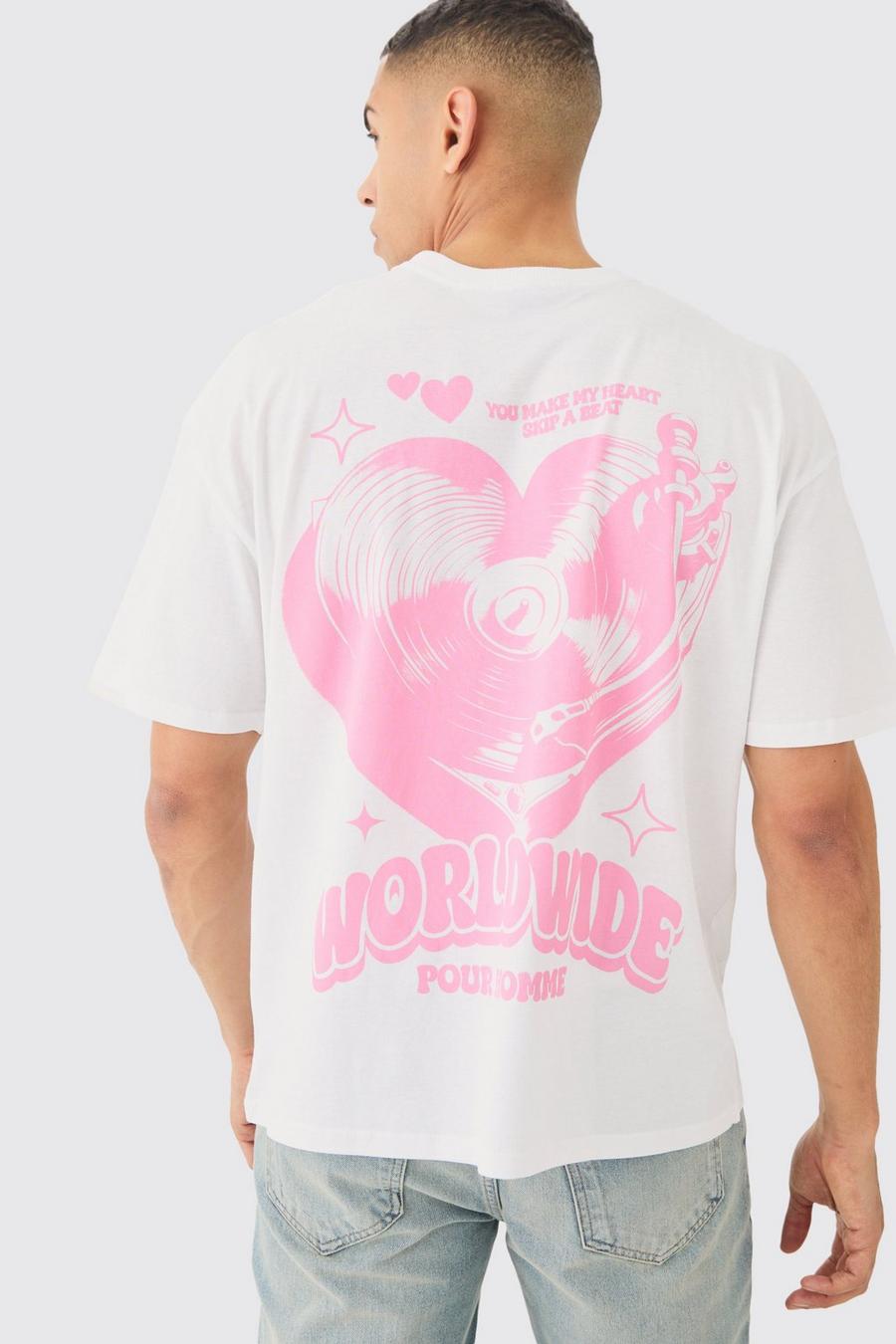 Camiseta oversize con estampado de corazón, White image number 1