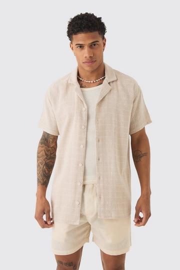 Short Sleeve Oversized Textured Flannel Shirt taupe