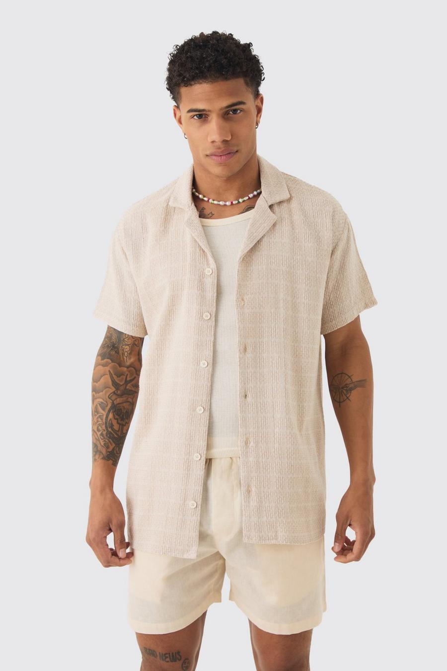 Taupe Short Sleeve Oversized Textured Check Shirt 