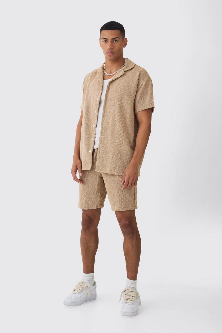 Brown Short Sleeve Oversized Textured Shirt & Short 
