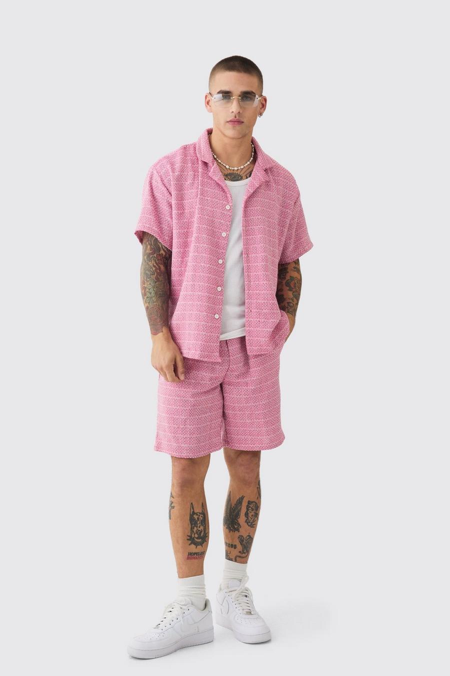 Pink Short Sleeve Boxy Textured Check Shirt & Short  image number 1