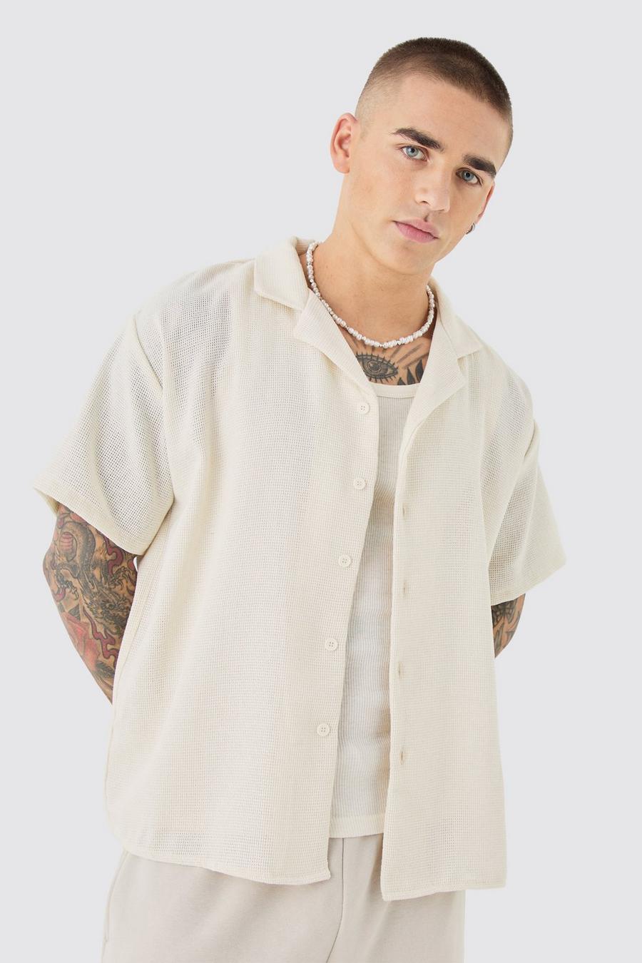 Ecru Short Sleeve Boxy Textured Shirt 