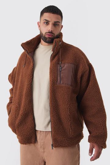 Brown Plus Borg Funnel Neck Jacket With PU Pocket In Tan