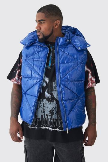 Plus Gewatteerde Glanzende Vinyl Bodywarmer Met Stiksels En Capuchon In Blauw blue