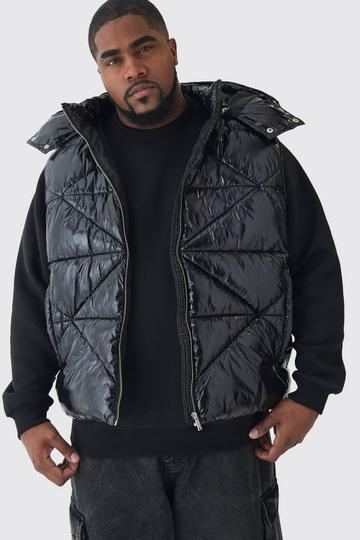 Plus Gewatteerde Glanzende Vinyl Bodywarmer Met Stiksels En Capuchon In Zwart black