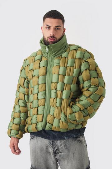 Khaki Plus Contrast Hand Weft Padded Puffer Jacket In Khaki