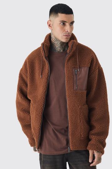 Brown Tall Borg Funnel Neck Jacket With PU Pocket In Tan