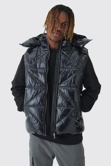 Black Tall Quilted High Shine Vinyl Hooded Gilet In Black