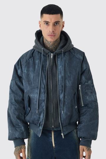 Tall Boxy Washed Padded Hooded Bomber Jacket In Black black