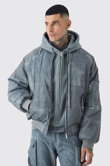 Tall Boxy Washed Padded Hooded Bomber Jacket In Grey grey