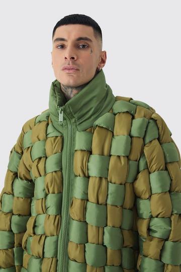 Tall Contrast Hand Weft Padded Puffer Jacket In Khaki khaki