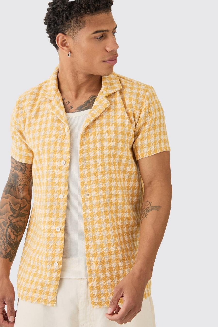 Mustard Short Sleeve Linen Look Houndstooth Shirt 