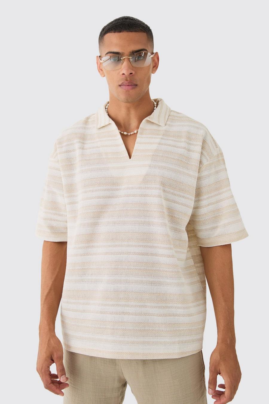 Tan Overhead V Neck Woven Stripe Shirt 