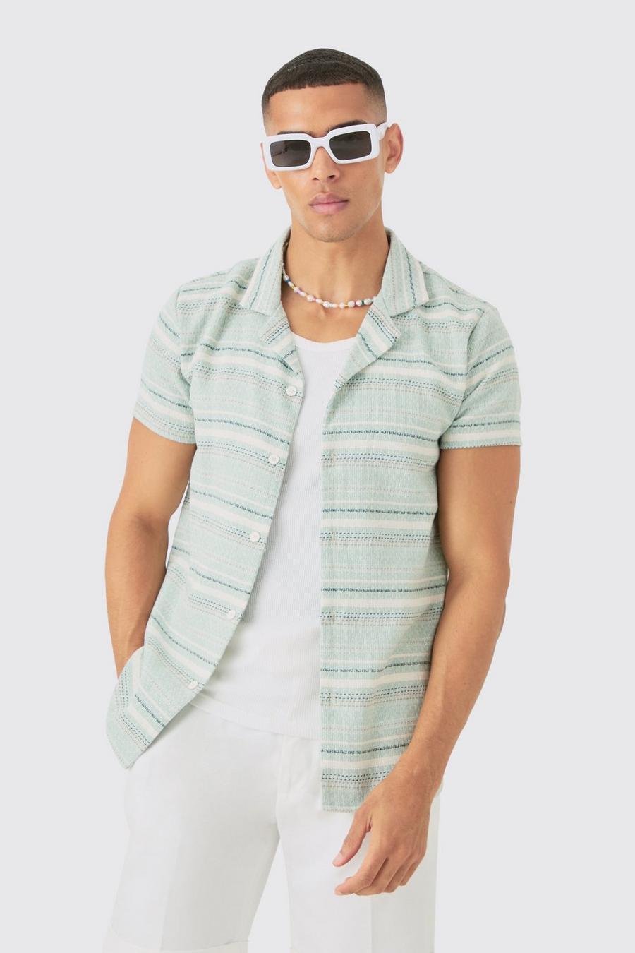 Green Short Sleeve Textured Stripe Shirt 
