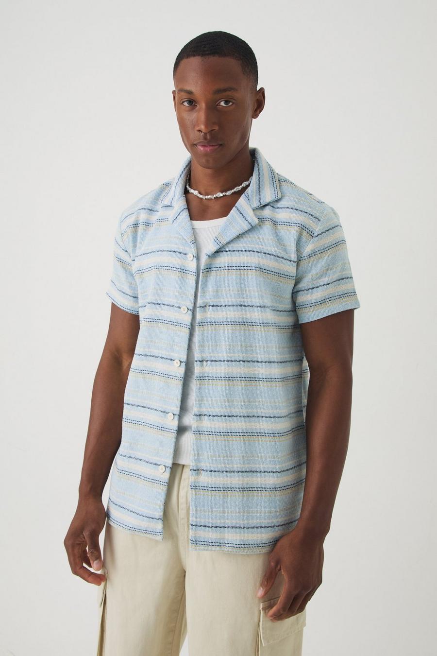 Blue Short Sleeve Textured Stripe Shirt 