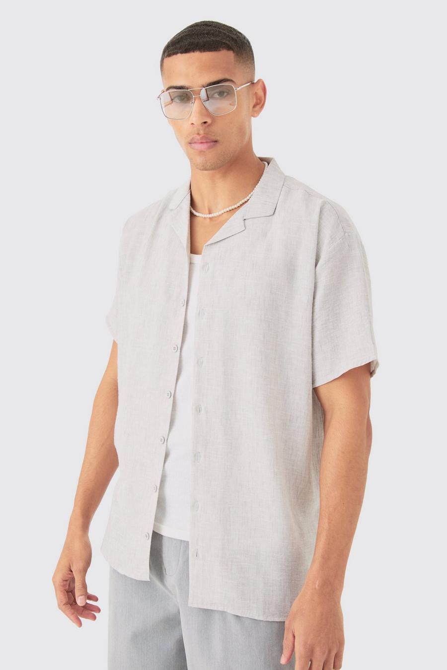 Grey Oversized Linen Look Revere Shirt  image number 1