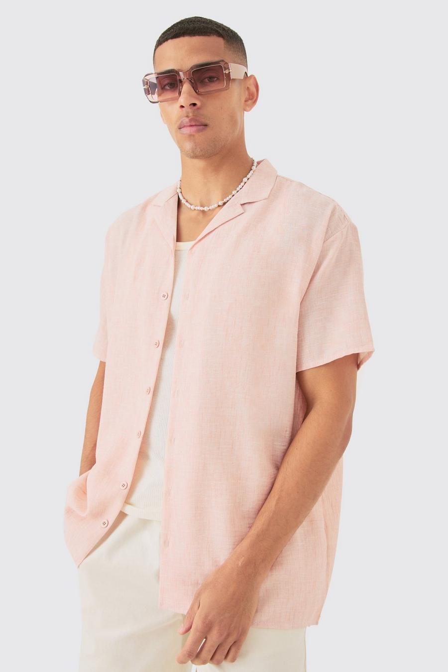 Camisa oversize efecto lino con solapas, Pale pink image number 1