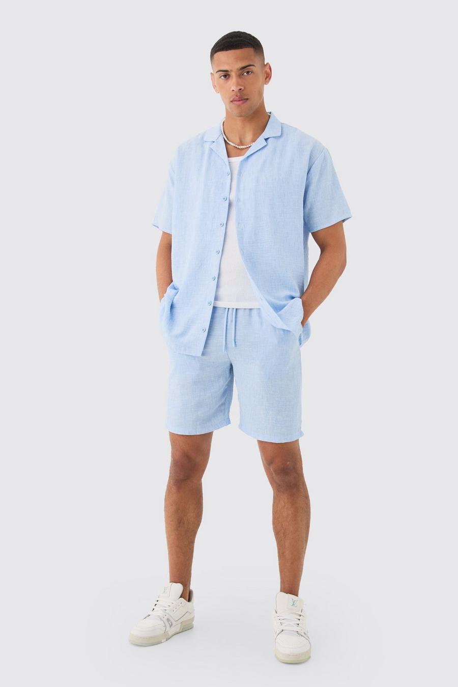 Pantalón corto y camisa oversize efecto lino, Pale blue image number 1
