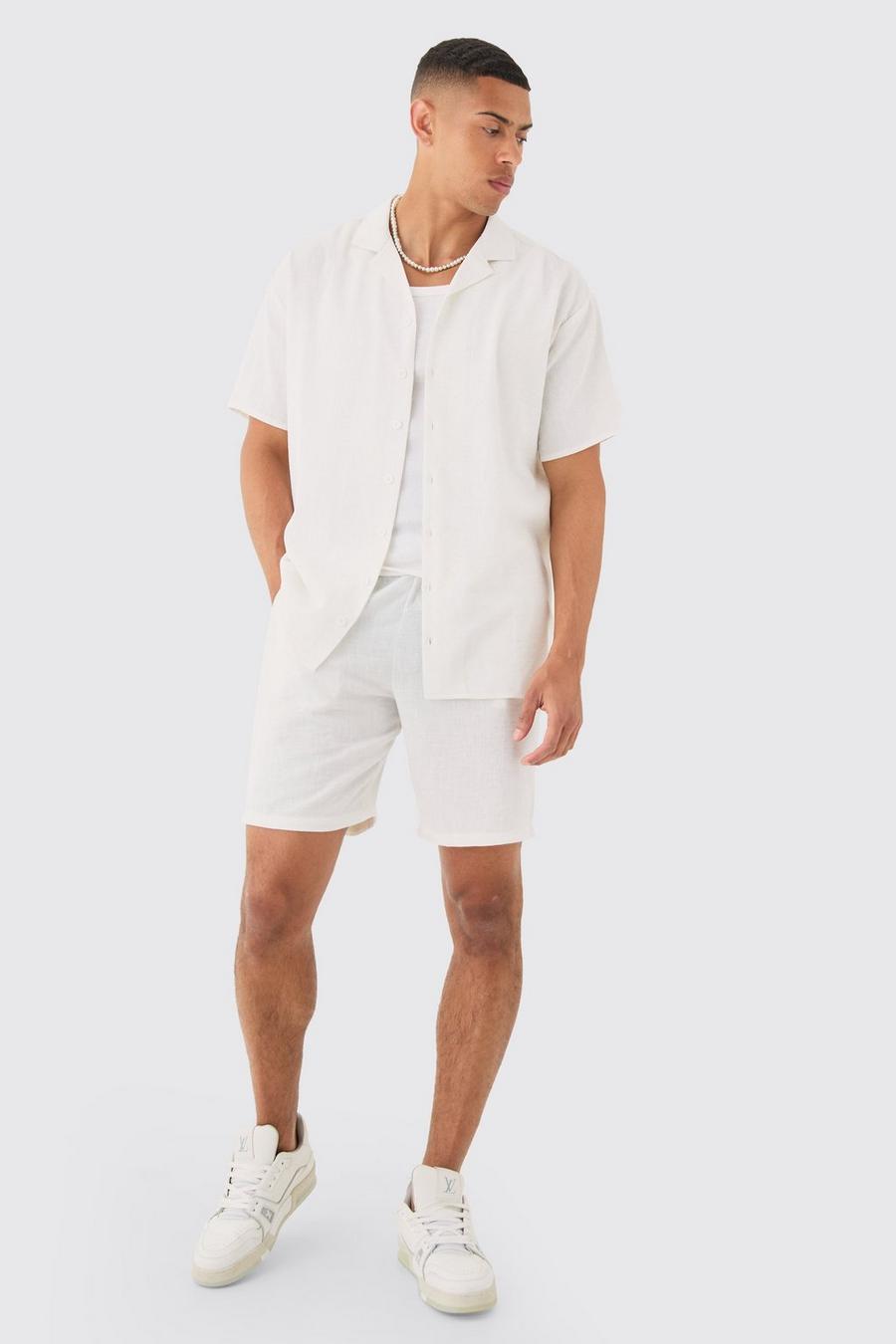 White Oversized Linen Look Shirt & Short Set image number 1