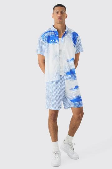 Boxy Mesh Photo Print Shirt & Short Set blue