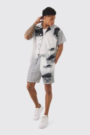 Boxy Mesh Photo Print Shirt & Short Set black