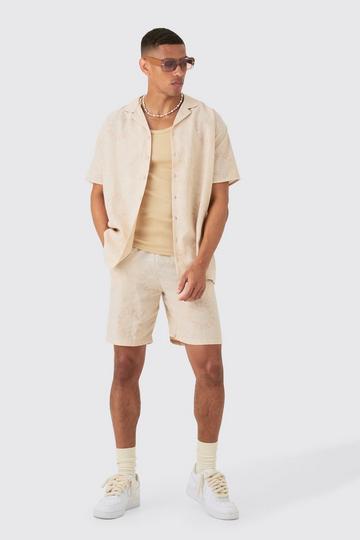 Oversized Linen Look Monogram Shirt & Short Set stone