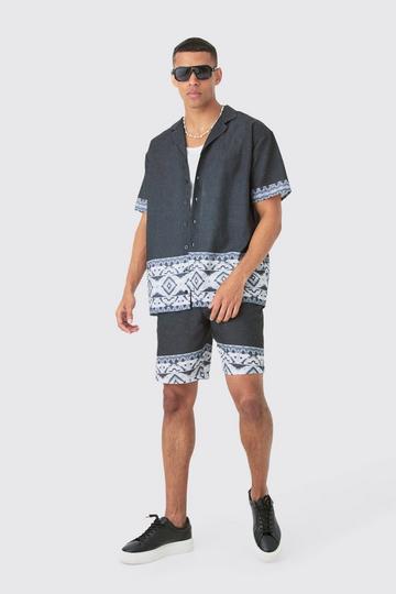 Oversized Linen Look Border Hem Shirt & Short black