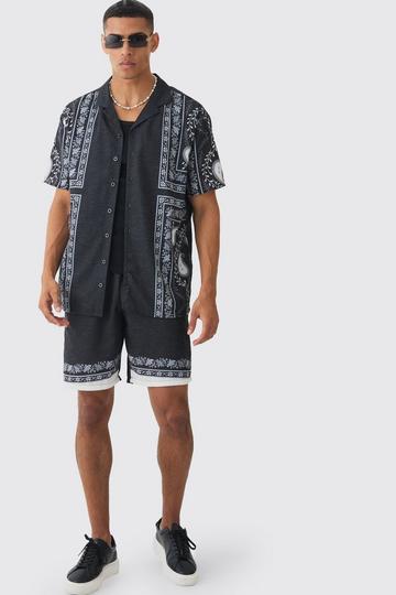 Oversized Linen Look Tile Print Shirt & Short Set black