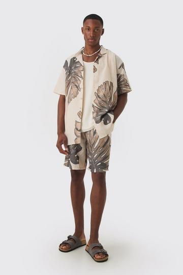 Oversized Linen Look Palm Shirt & Short Set stone