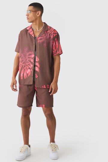 Oversized Linen Look Palm Shirt & Short Set brown