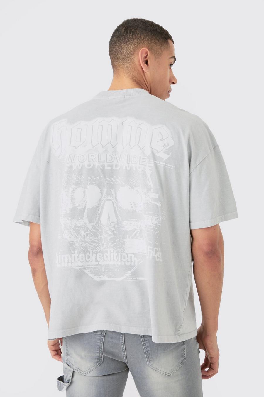Camiseta oversize con lavado a la piedra y estampado Homme de calavera, Grey image number 1