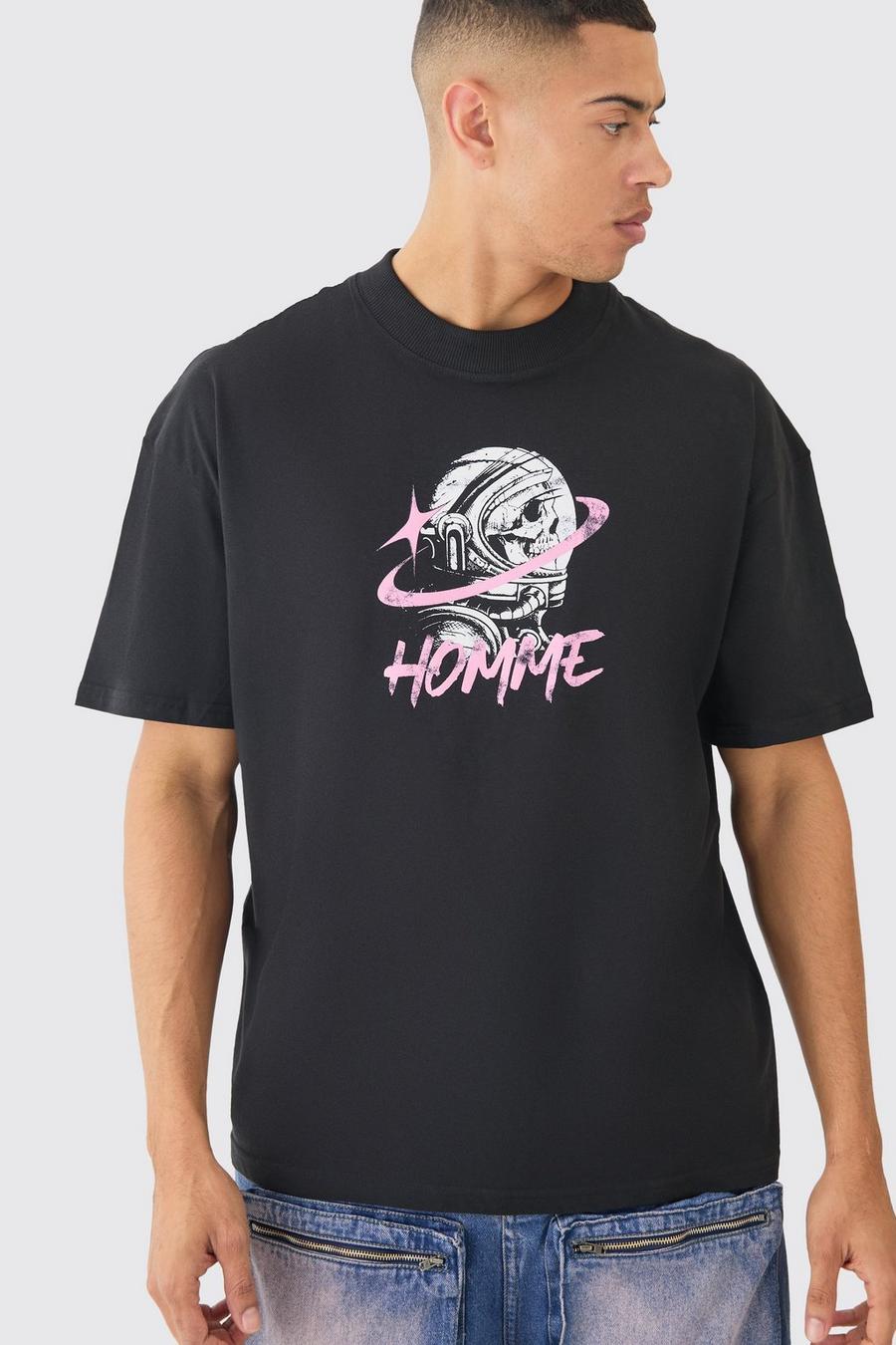 Camiseta oversize con estampado de astronauta y calavera, Black image number 1