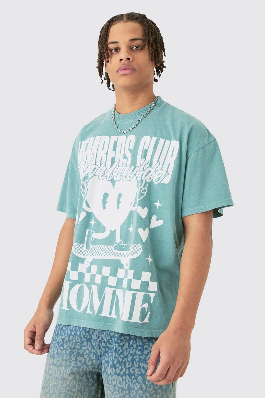 T-shirt squadrata oversize con scritta Members Club e cuore slavato, Green