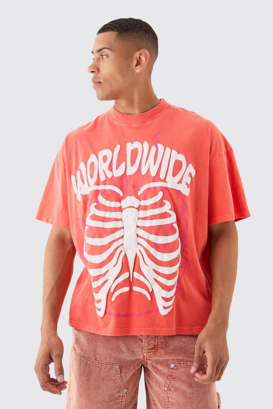 Red Oversized Boxy Fit Washed Extended Neck Rib Cage Print T-shirt