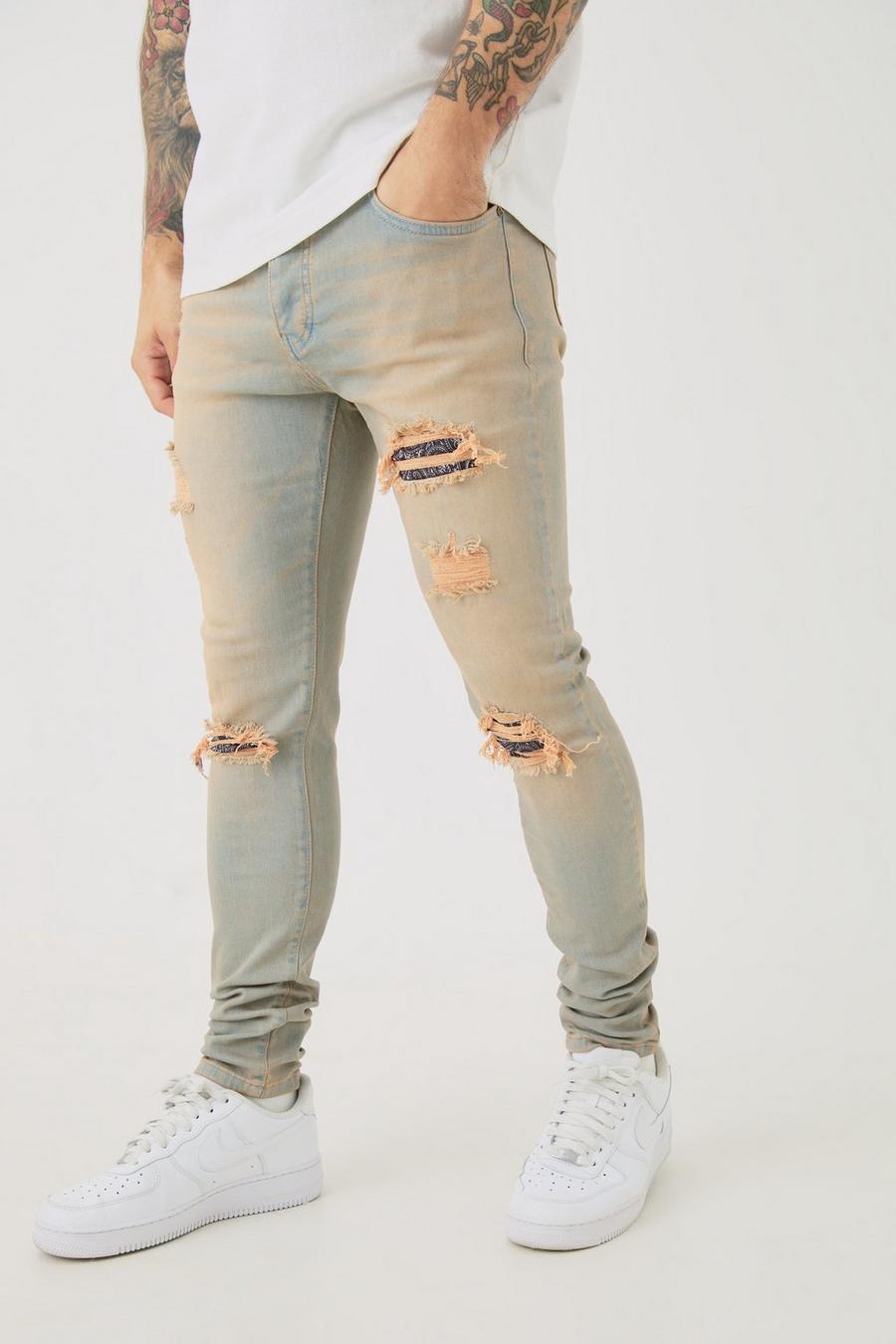 Skinny Stretch Ripped Bandana Jeans In Antique Wash