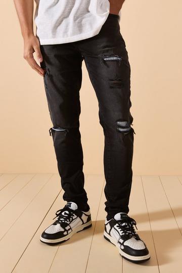Black Skinny Stretch Ripped Bandana Jeans In Washed Black