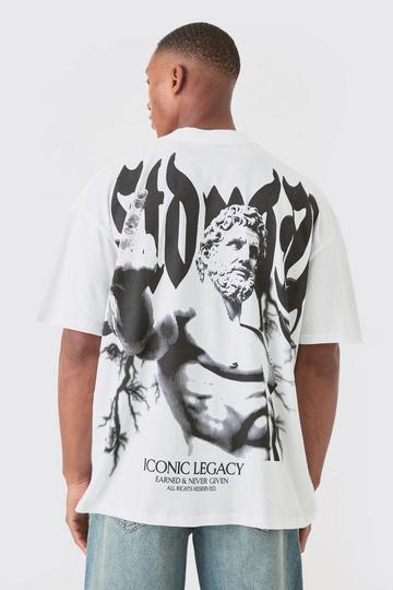 Oversized Extended Neck Large Scale Statue Print T-shirt white