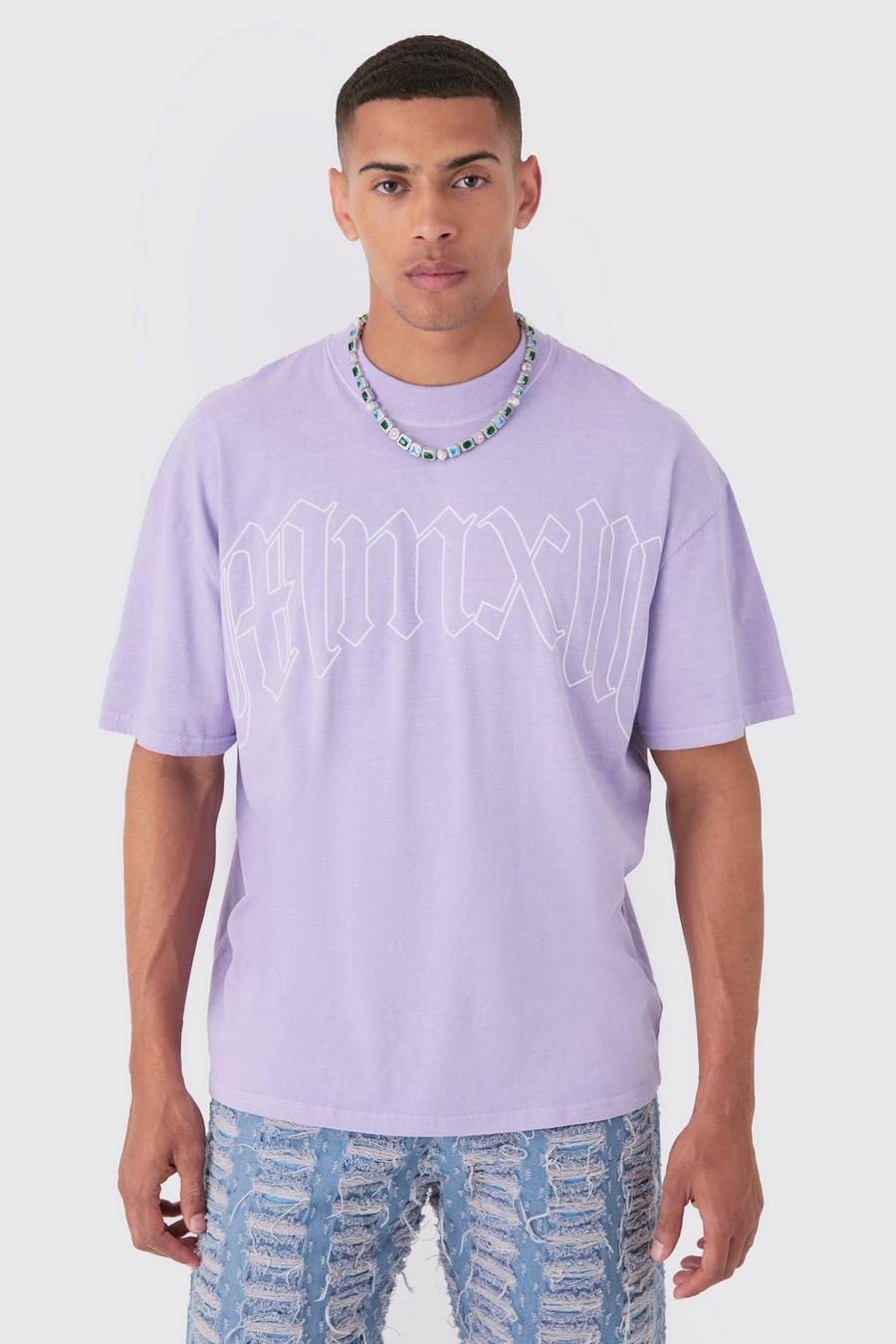 Camiseta oversize desteñida con estampado gráfico de calavera a gran escala, Lilac image number 1