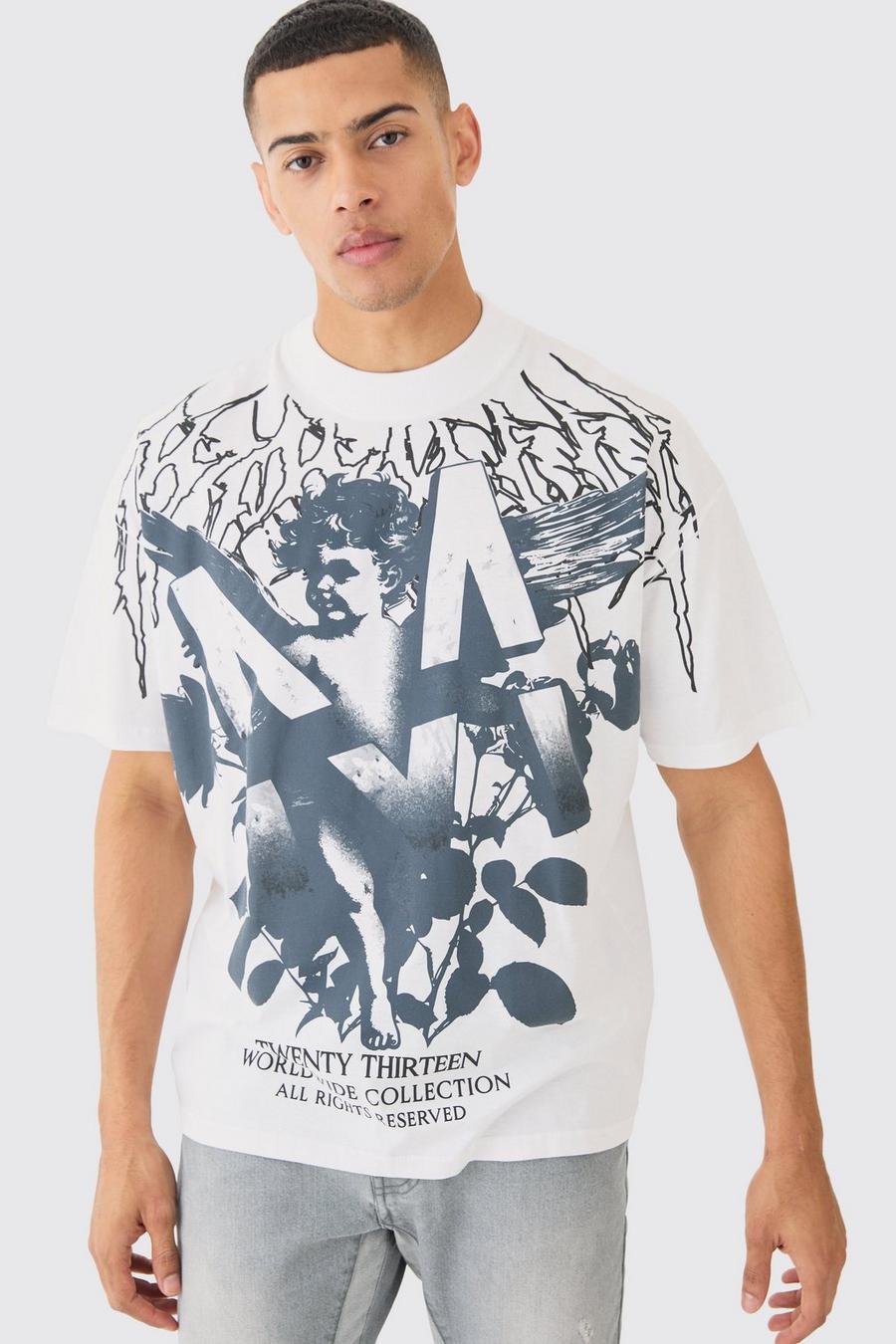 Camiseta oversize con cuello extendido y estampado renacentista a gran escala, White image number 1