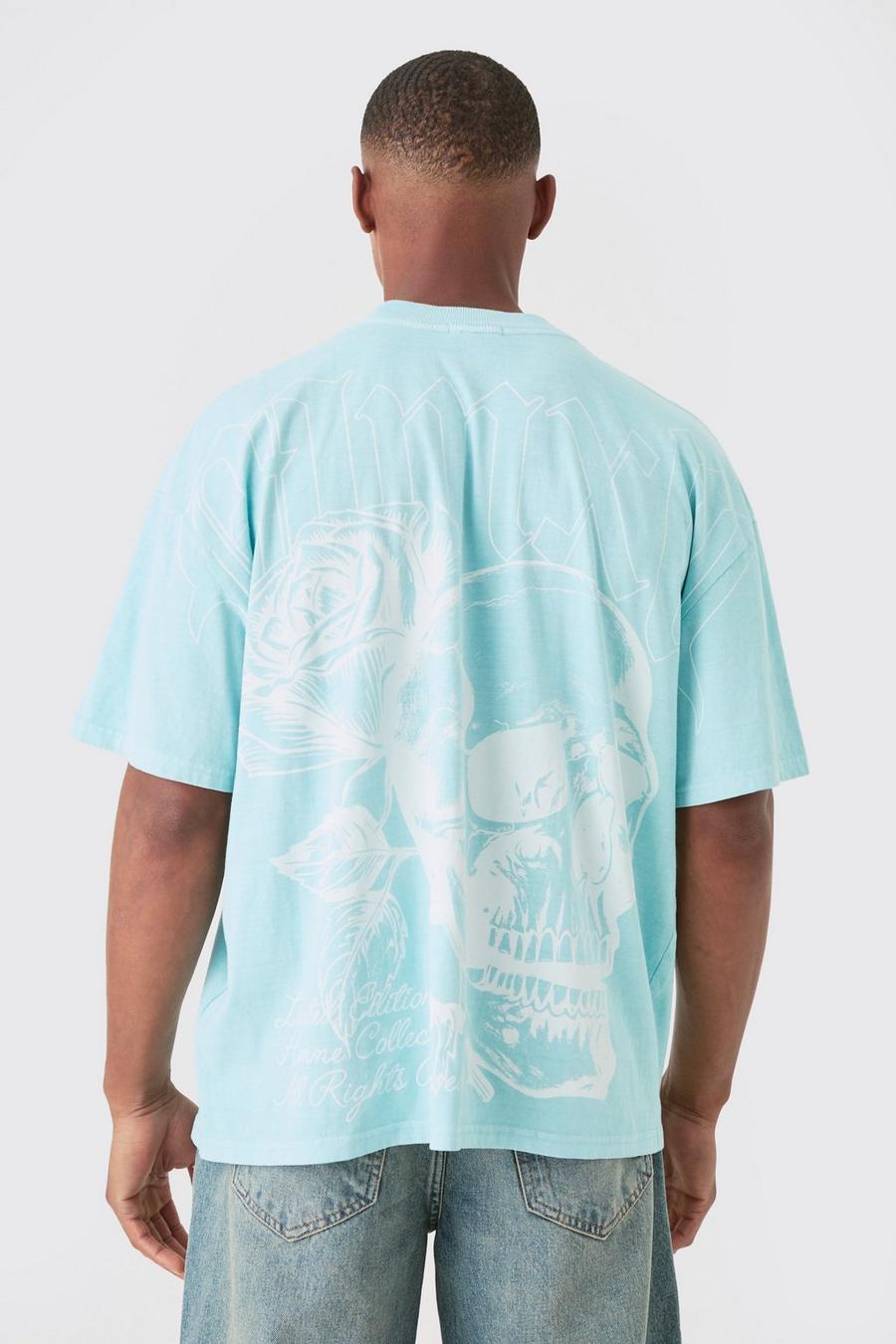 Camiseta oversize desteñida con estampado gráfico de calavera a gran escala, Sage