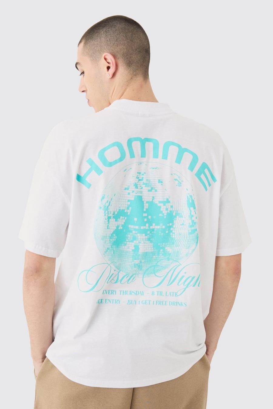 White Oversized Homme Disco T-Shirt Met Print