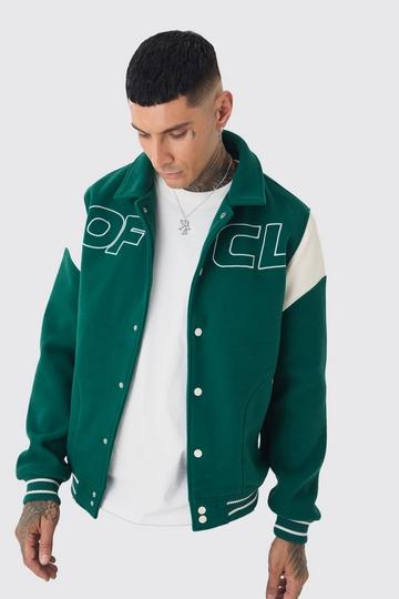 Green Tall OFCL Collared Varsity Jacket In Green