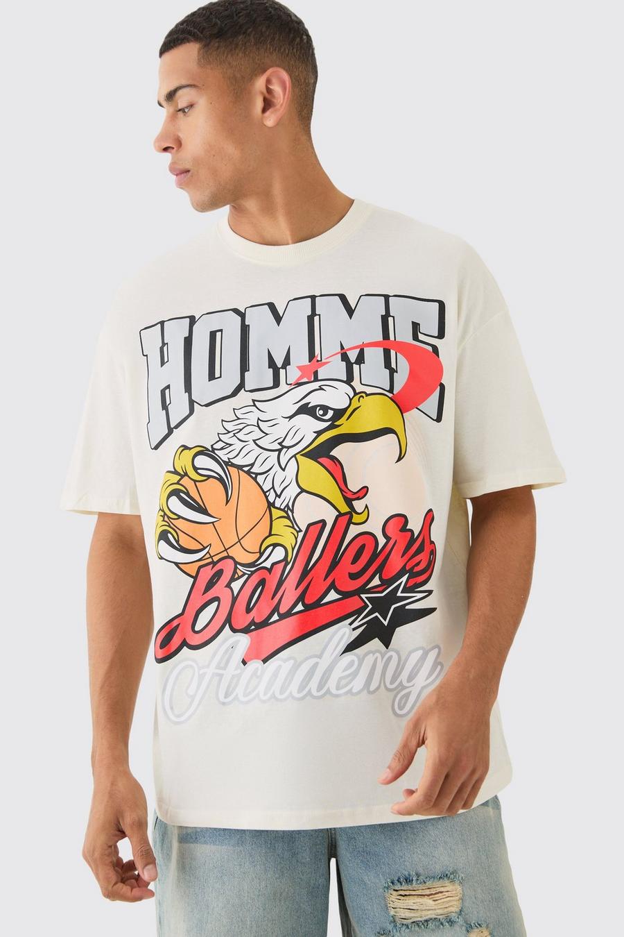 Camiseta oversize con estampado gráfico y estampado Homme de águila, Ecru