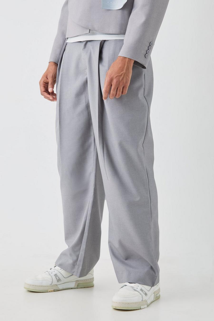 Tailored Fixed Waist Wide Leg Pleated Trouser In Grey