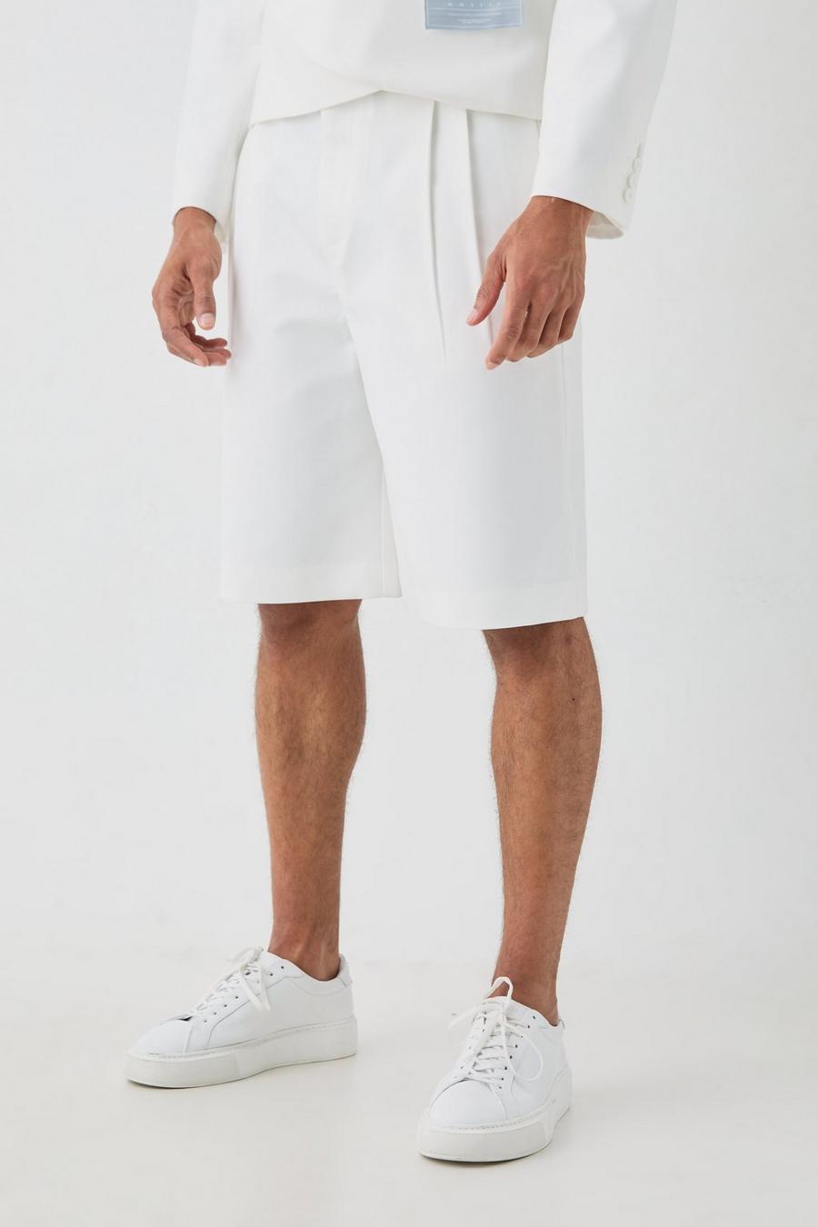 Fixed Waistband Tailored Pleated Jorts In White image number 1